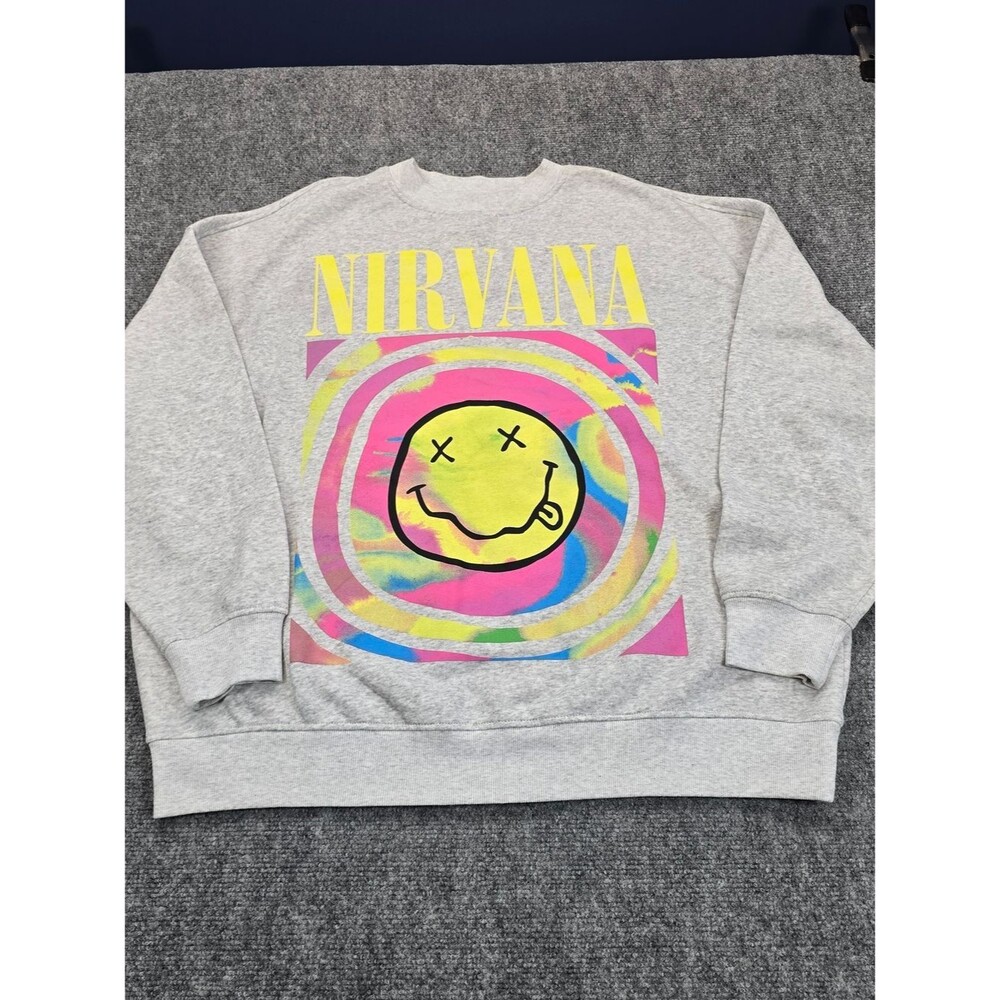 Nirvana Smiley Face Sweatshirt Mens L Gray Neon Graphic Band Crewneck